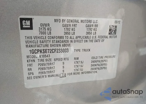 2012 Chevrolet Silverado 1500 Lt z USA, uszkodzony, nr VIN 1GCPKSE72CF233003